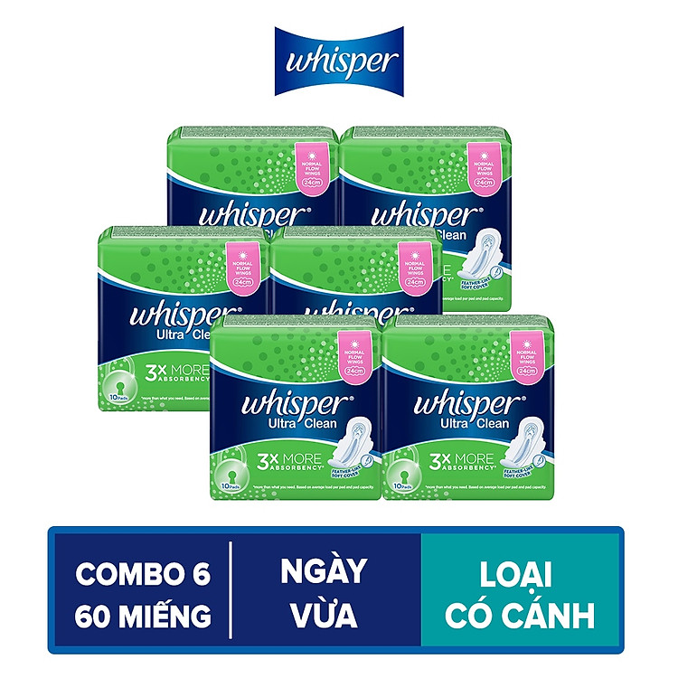 Combo 6 Băng Vệ Sinh Whisper Ultra Clean Siêu Mỏng Có Cánh Ngày Vừa 24cm (Gói 10 Miếng)