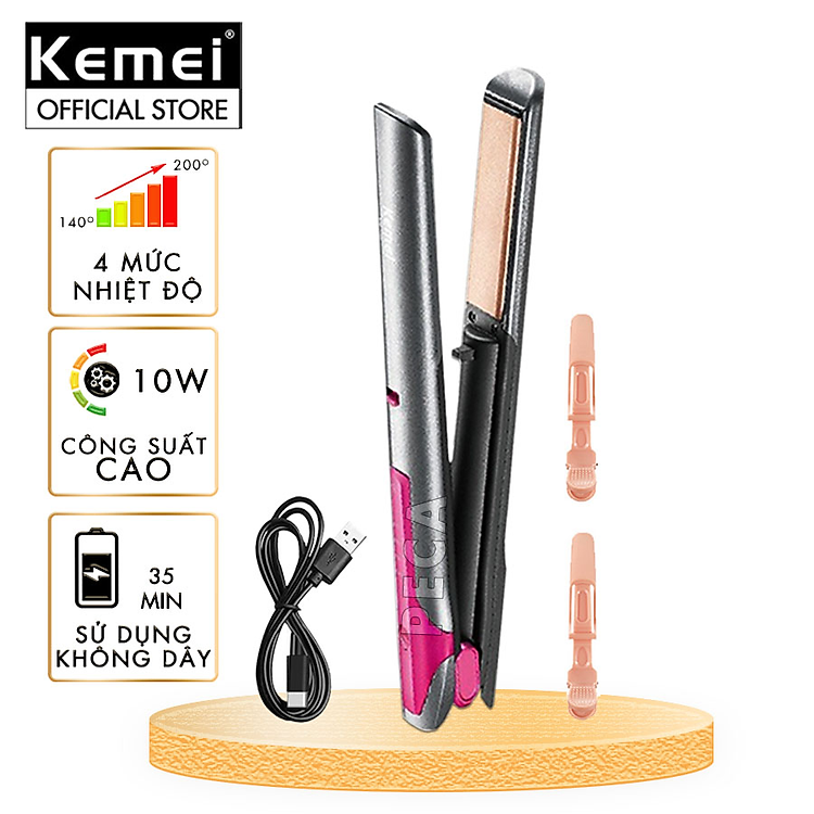 Máy duỗi tóc không dây Kemei KM-555 chuyên nghiệp điều chỉnh 4 mức nhiệt độ phù hợp mọi loại tóc - Hàng chính hãng