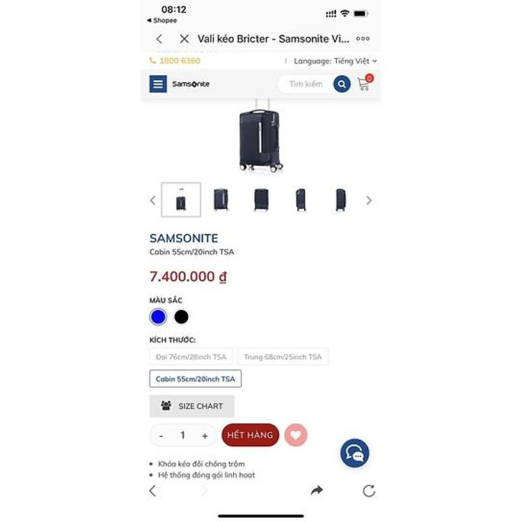 vali Samsonite BRICTE chính hãng cabin 55cm/20inch TSA