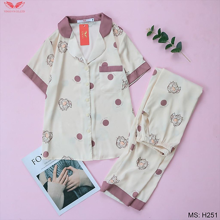 Bộ Pijama lụa tay cộc họa tiết mèo béo màu sắc nhã nhặn thương hiệu VNGO H251