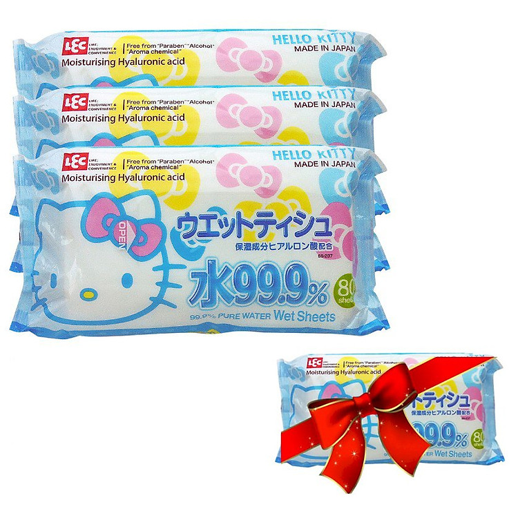 Combo 3 Khăn Ướt Nhật LEC SS237 Hello Kitty (80 Tờ) - Tặng Kèm 1 Gói Cùng Loại
