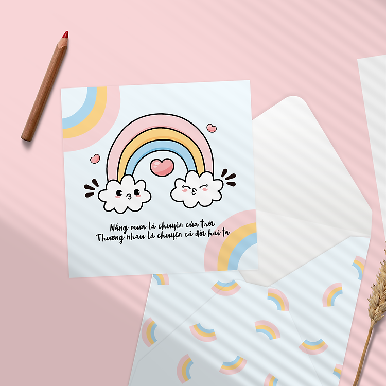 Thiệp tình yêu vuông 12×12 cm hình mây cầu vòng dễ thương