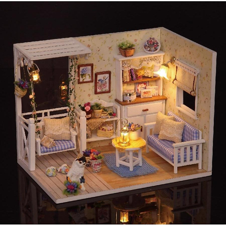 Bộ lắp ghép nhà búp bê Cute Room - phòng khách có xích đu và mèo trắng Kitten Diary