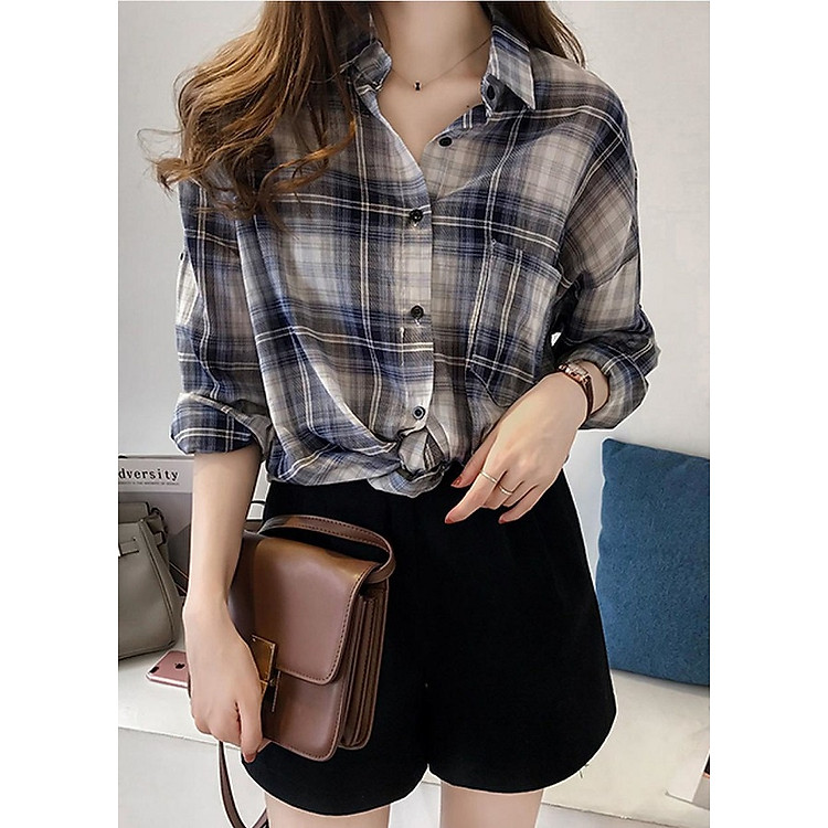 Áo sơ mi nữ công sở kẻ ô vuông ASMNu05 (Kẻ xanh)