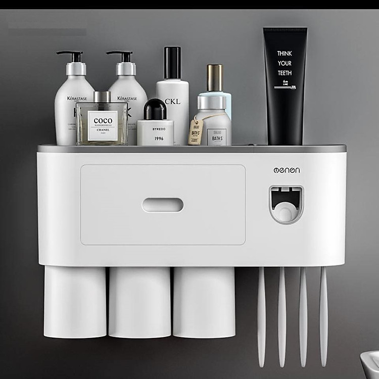 Kệ để đồ phòng tắm thông minh OENON có nhả kem đánh răng tự động kèm cốc hút từ tính Tặng 1 Móc Inox 304