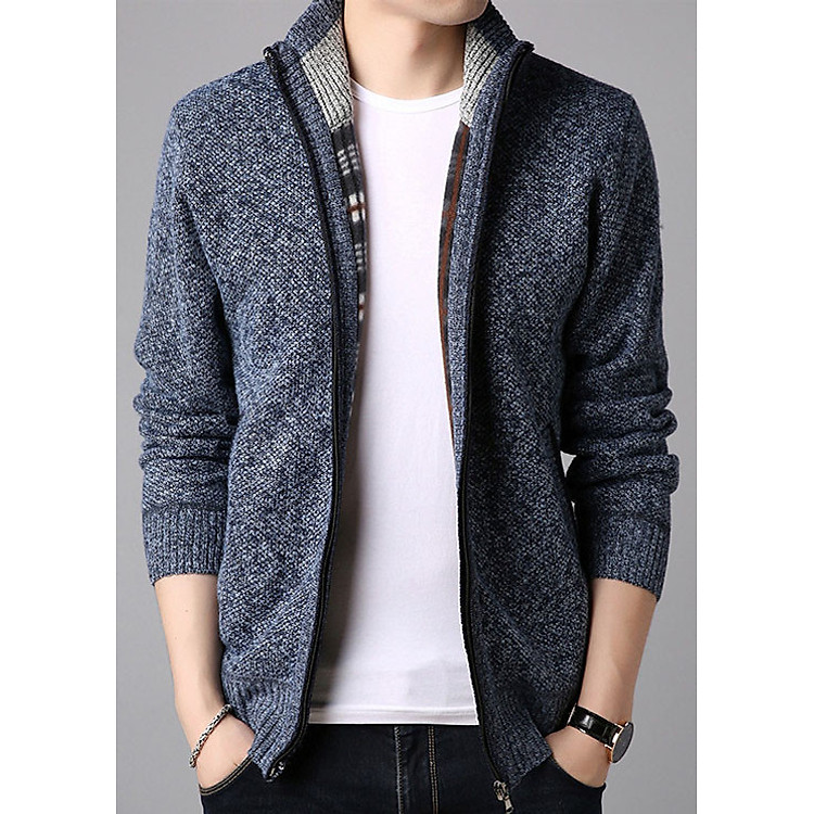 Áo khoác len nam lót lông LAHstore, thiết kế cổ trụ, len lông ấm áp, thời trang trẻ, phong cách Hàn Quốc