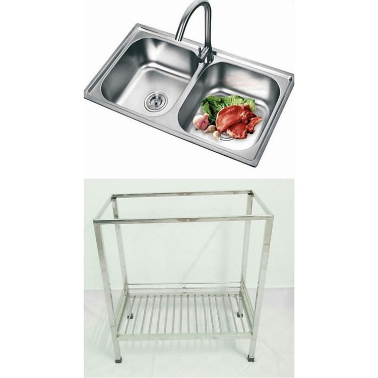 CHẬU RỬA CHÉN INOX CAO CẤP CÓ CHÂN + VÒI RỬA