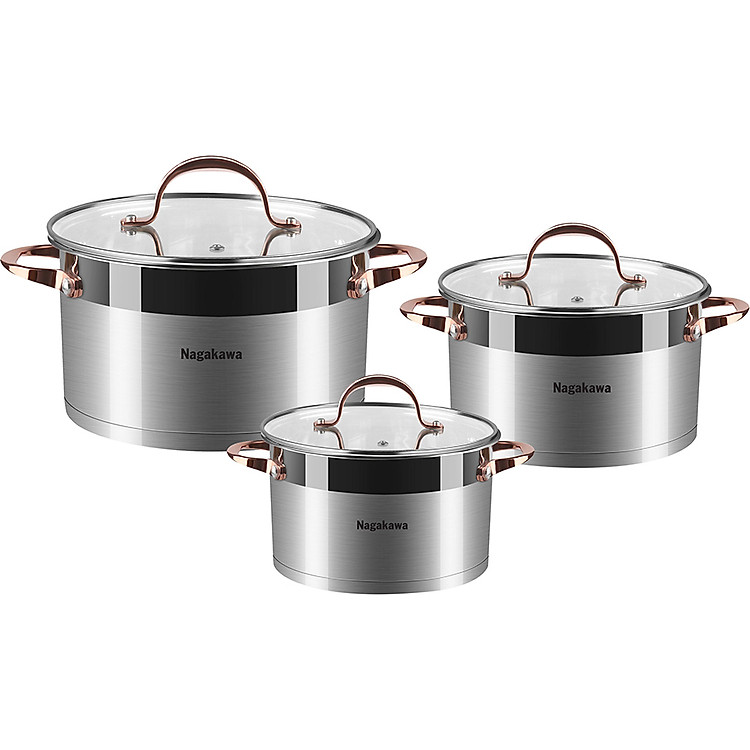 Bộ 3 Nồi Inox 304 Đáy Từ 5 Đáy Nagakawa NAG1352 (16cm, 20cm, 24cm) - Hàng Chính Hãng