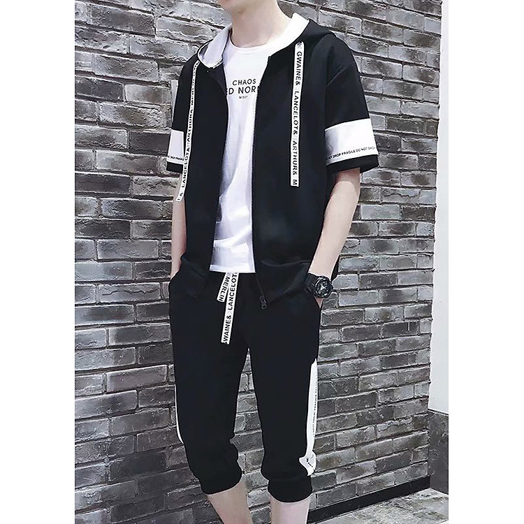 Bộ áo khoác cộc có mũ và quần jogger lửng nam LAHstore, thời trang trẻ, phong cách Hàn Quốc