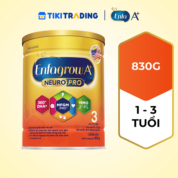 Sữa Bột Enfagrow A+ Neuropro 3 830g với DHA giúp phát triển não bộ cho trẻ từ 1-3 tuổi