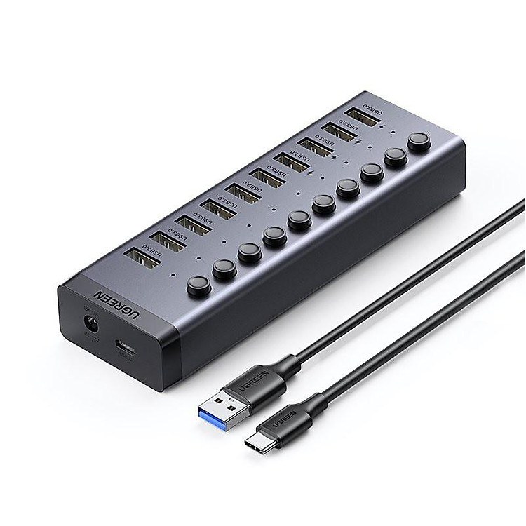Bộ chia HUB USB 3.0 kèm cáp Usb c To type A 1M 10 cổng màu đen có công tắc Ugreen 30779 CM481 - HÀNG CHÍNH HÃNG