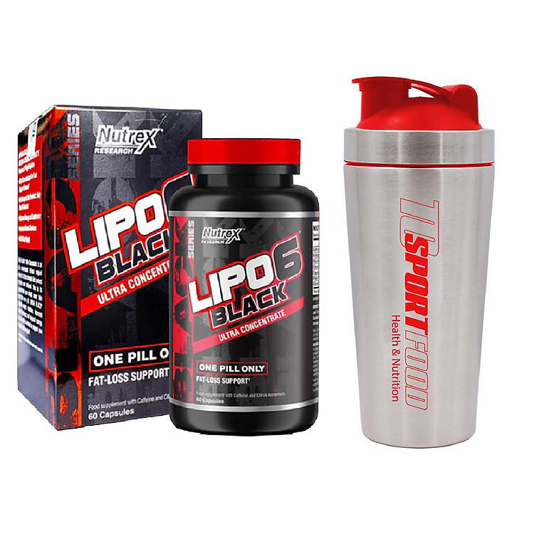 Combo Viên đốt mỡ LIPO 6 BLACK của Nutrex hộp 60 viên hỗ trợ đốt mỡ, giảm cân mạnh mẽ, tăng tỉnh táo tập trung cho người chơi thể thao & Bình Inox 739ml (mẫu ngẫu nhiên)