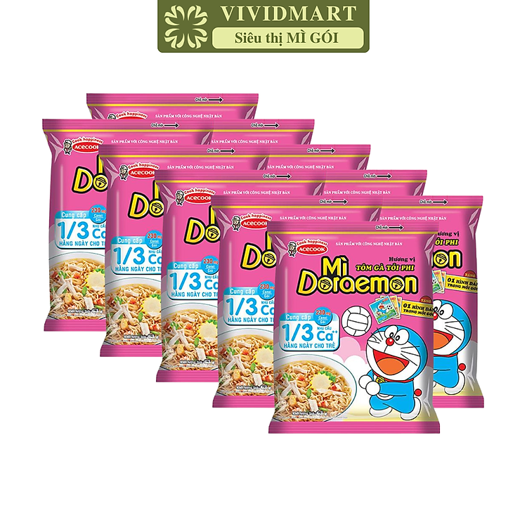 ACECOOK - Mì Doraemon hương vị Tôm gà tỏi phi, Mì ăn liền trẻ em, Mì Doremon bổ sung canxi, Mì gói Doraemon (63/gói)