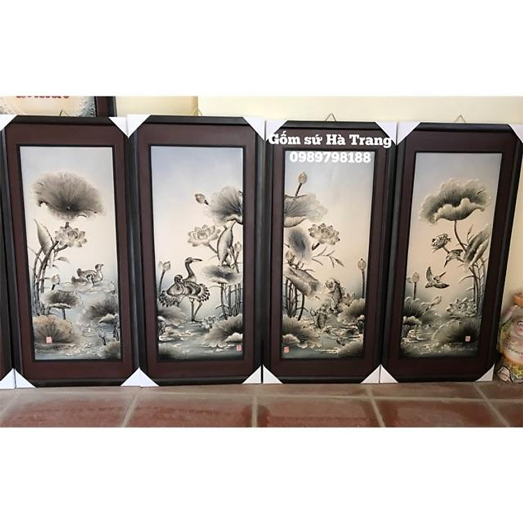 Bộ tranh gốm sứ Bát Tràng cao cấp bộ tứ sen
