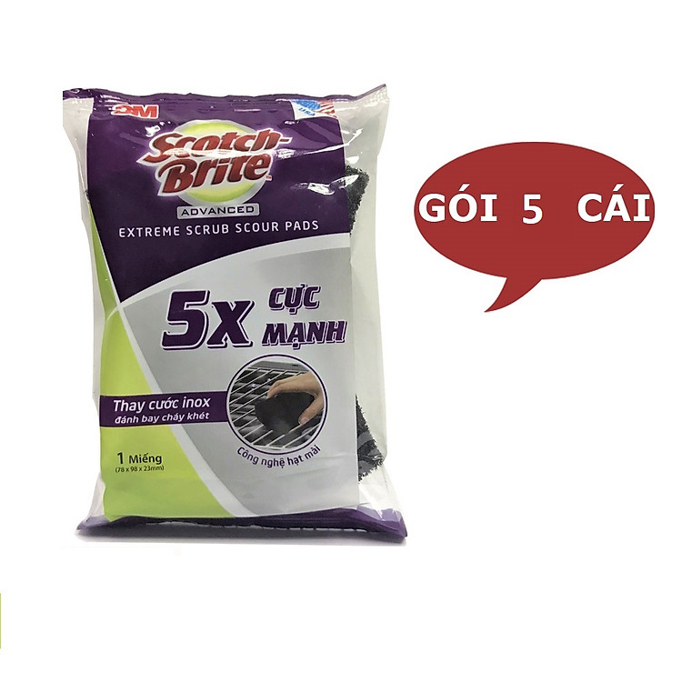 Vỉ 5 Miếng cước cọ rửa 5X cực mạnh thay cước inox Scotch-Brite 3M CR-5X