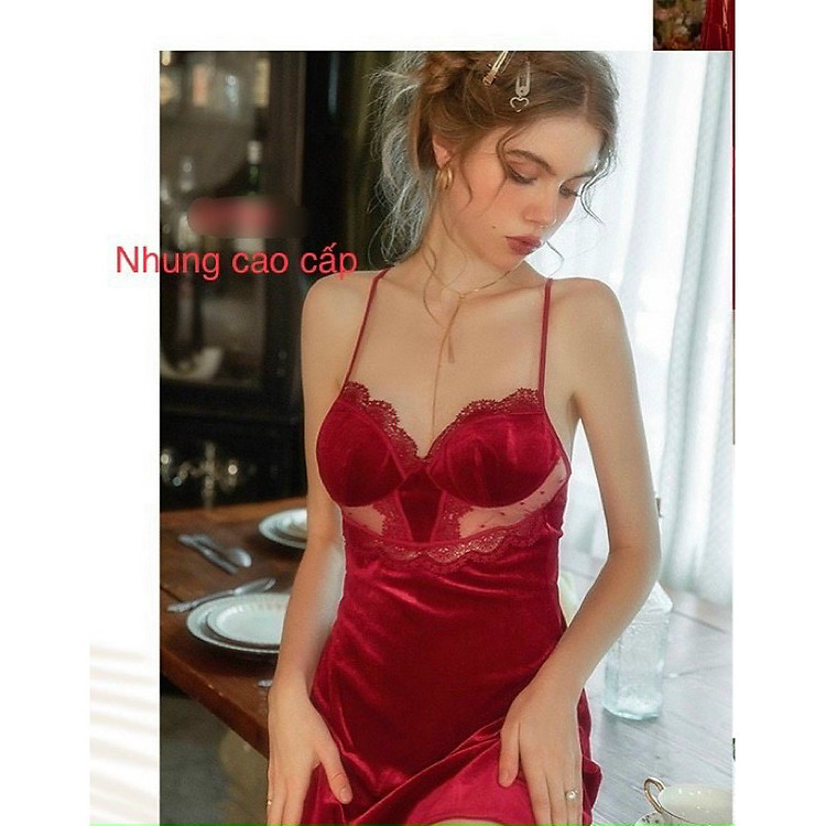 Đầm ngủ nhung phối lưới, váy ngủ nhung 2 dây cao cấp kèm mút ngực sexy D791