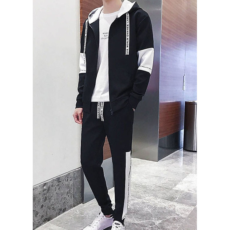 Bộ thể thao nam thu đông LAHstore, thiết kế áo khoác nhẹ có nón và quần jogger trẻ trung, phong cách Hàn Quốc