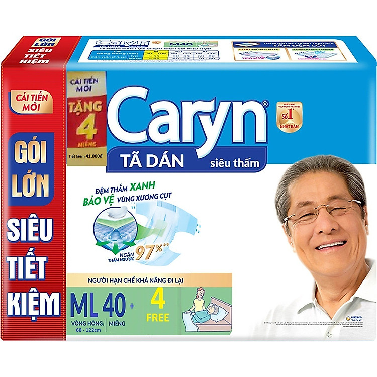 Tã Dán Siêu Thấm Caryn Gói Siêu Tiết Kiệm ML40 (40 Miếng) - TẶNG 4 MIẾNG CÙNG SIZE