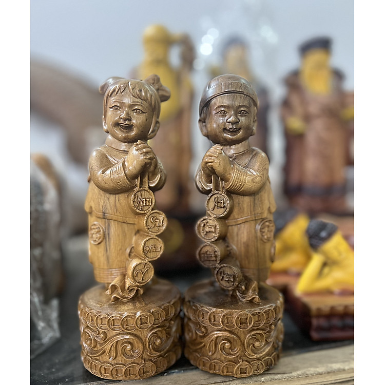 Cặp tiểu đồng chúc phúc bằng gỗ bách xanh (20x8x8cm) - Ảnh 3