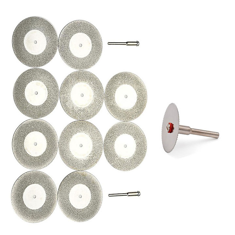 đĩa cắt min phủ kim cương chân cán 2.35mm (10 đĩa + 2 trục) tặng kèm 1 đĩa cắt răng cắt nhựa và cắt gỗ