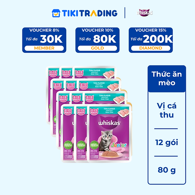 [Combo 12 Gói] Thức Ăn Cho Mèo WHISKAS 1+ years Vị Cá Thu 80g/Gói