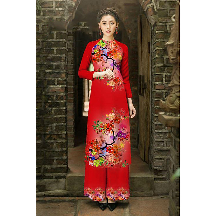 SÉT ÁO DÀI CÁCH TÂN IN HOA MAI + QUẦN DÀI LAI IN HOA