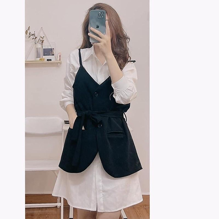 Set váy sơ mi trắng yếm dây kèm đai vintage