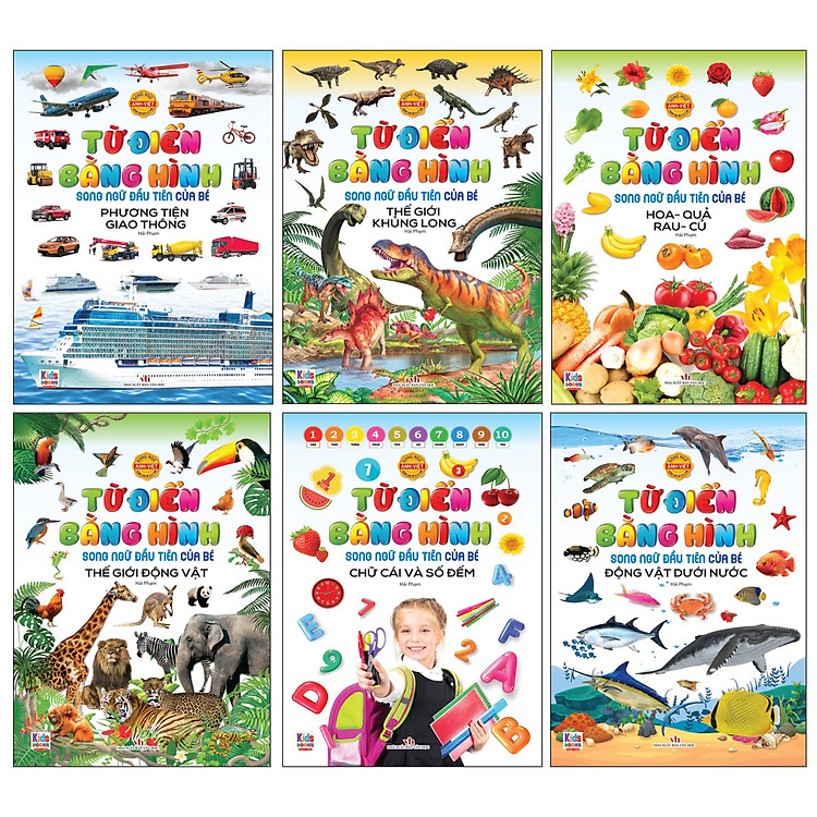 Bộ 6 Cuốn Từ Điển Bằng Hình: Phương tiện giao thông, thế giới khủng long, hoa quả rau củ, động vật, chữ cái số đếm, động vật dưới nước