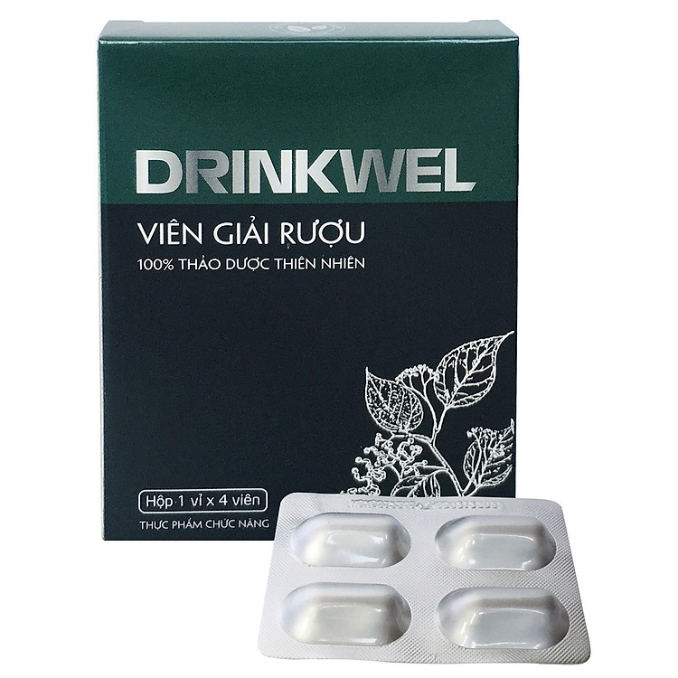 Viên giải rượu, giải độc gan, mát gan, giảm tình trạng khô khát khi say, thanh nhiệt, tăng cường chức năng gan. Drinkwel, hộp vỉ 4 viên (Đen).