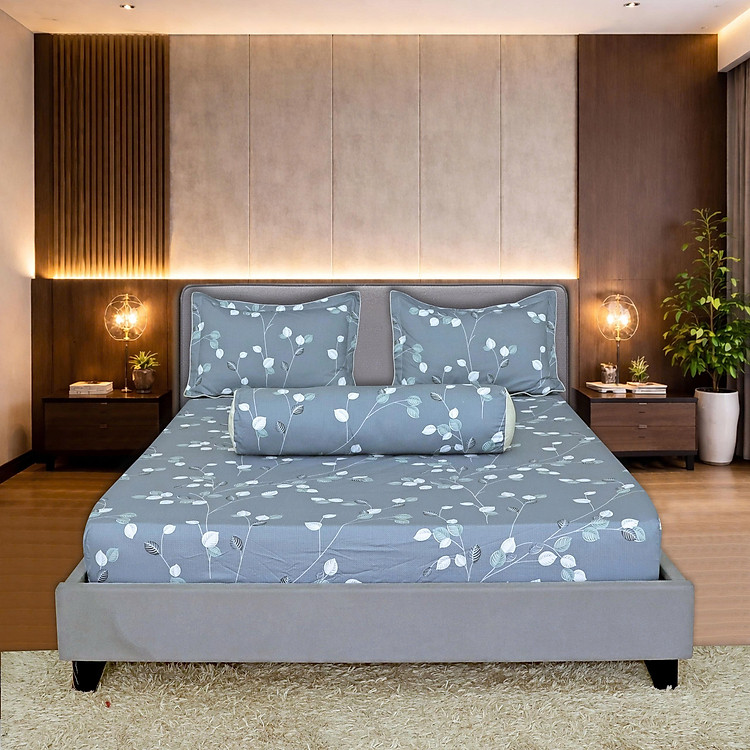Bộ drap gối Hometex cotton in hoa văn
