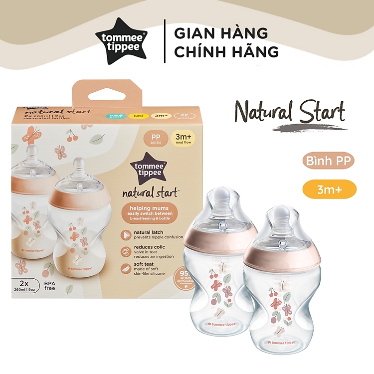 Bình Sữa PP Ty Siêu Mềm Tự Nhiên Tommee Tippee Natural Start 260ml, Núm Ty Của Bình 3-6 Tháng, Hồng (Bình Đôi)