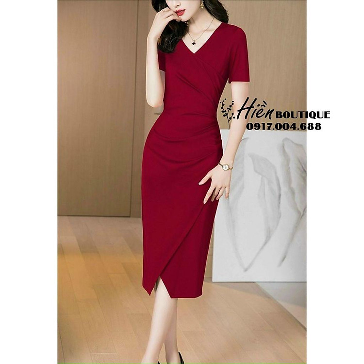 Váy Nữ Đẹp Hàng Quảng Châu Cao Cấp, Đầm Body Cổ V Nhún Eo Chất Thun Nhập Cao Cấp Sang Trọng, Quý Phái.