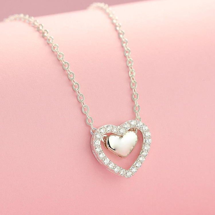 Dây chuyền bạc nữ, vòng cổ bạc nữ đẹp mặt trái tim đính đá kép DCN0318