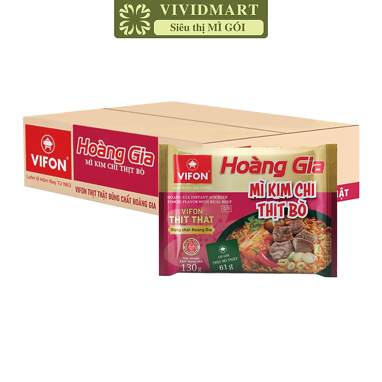 VIFON - Mì Hoàng Gia hương vị Kim Chi thịt bò (có gói thịt bò thật), Mì Kim chi thịt bò Vifon gói (130g/gói)