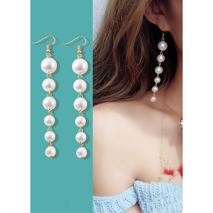 Bông tai nữ ngọc trai dáng dài khuyên tai móc câu ngọc trai