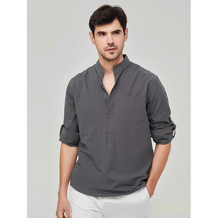 Áo sơ mi cổ tàu thanh lịch, thời thượng, thời trang trẻ 2025