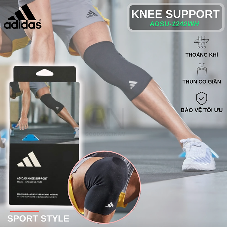 Bó Gối, Băng Gối Thể Thao Thun Co Giãn ADIDAS ADSU-1242WH Knee Support (1 Cái) - Hàng Chính Hãng