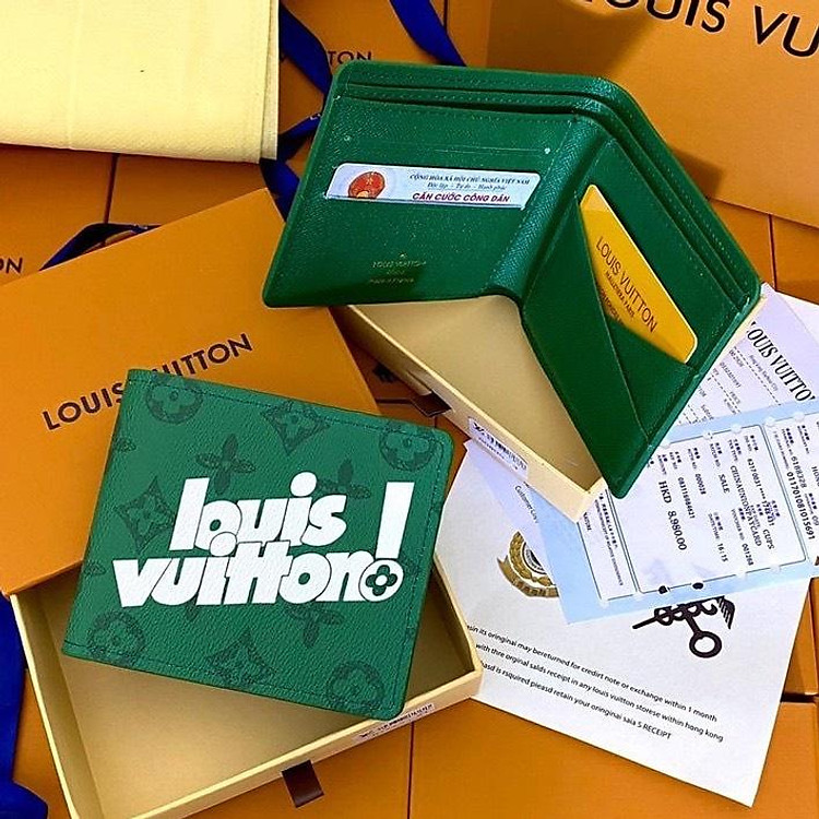 Ví nam LV xanh lá full box hàng cao cấp , hộp + thẻ + giấy , chất liệu da không bông da hay phai màu
