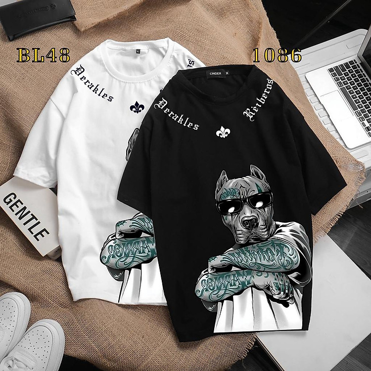 Áo thun chó xăm tay lỡ nam nữ, áo phông form rộng unixe chất cotton mát mịn thấm hút mồ hôi BIKEN