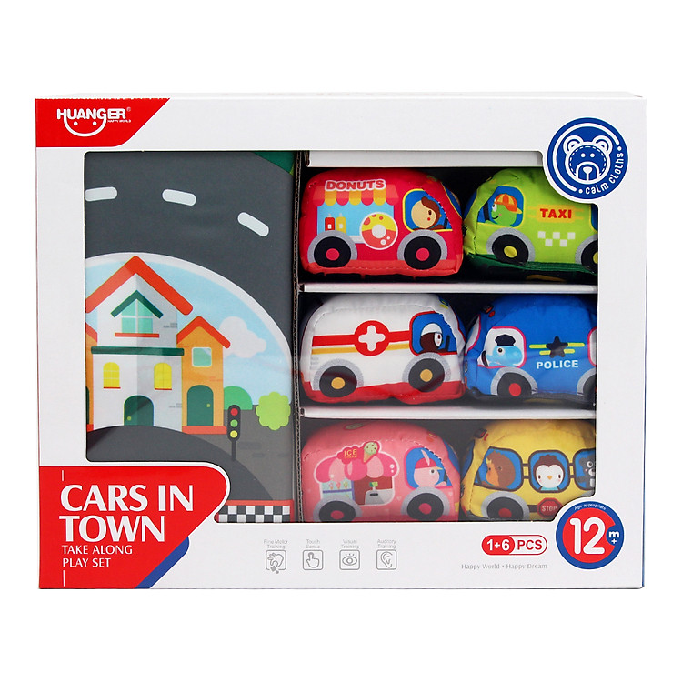 Set 6 xe bằng vải kèm thảm đáng yêu vui nhộn chất liệu an toàn cho bé Huanger HE0252