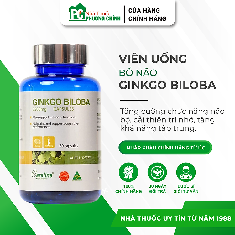 Viên Uống Bổ Não CareLine Ginkgo Biloba 2500mg Hỗ Trợ Tăng Cường Tuần Hoàn Máu Não 60 Viên/Hộp