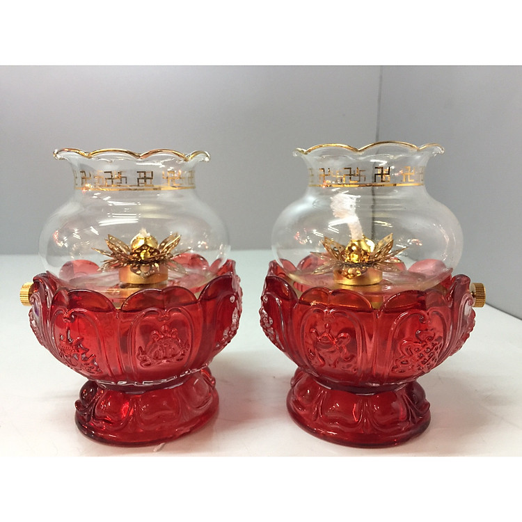 Combo 2 chiếc Đèn thờ đốt dầu 8 cát tường thuỷ tinh cao cấp