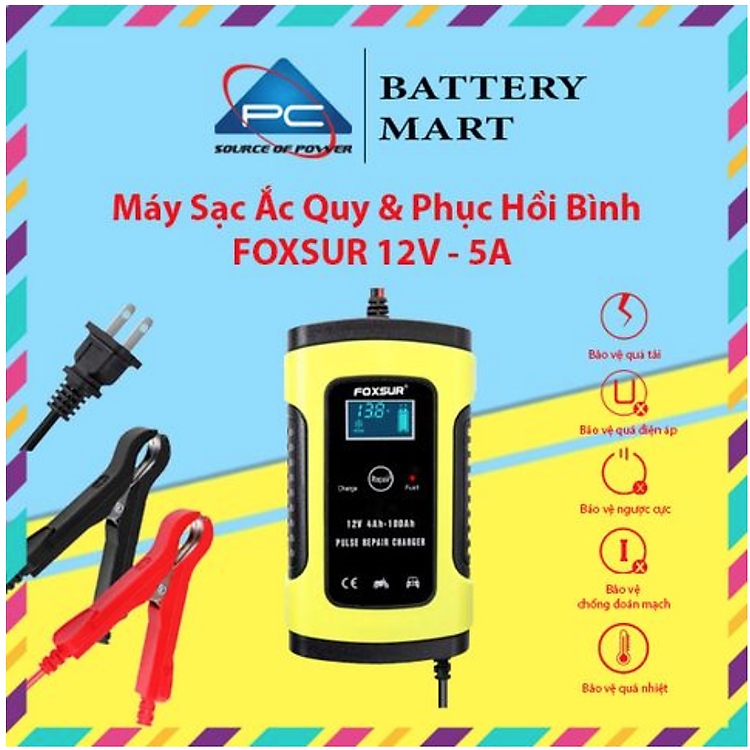 Bộ Sạc Acquy, Máy Sạc Ắc Quy FOXSUR 12V 5A Kèm Phục Hồi Bình, Sạc Bình Acquy, Tự Ngắt Khi Đầy, Khử Sunfat