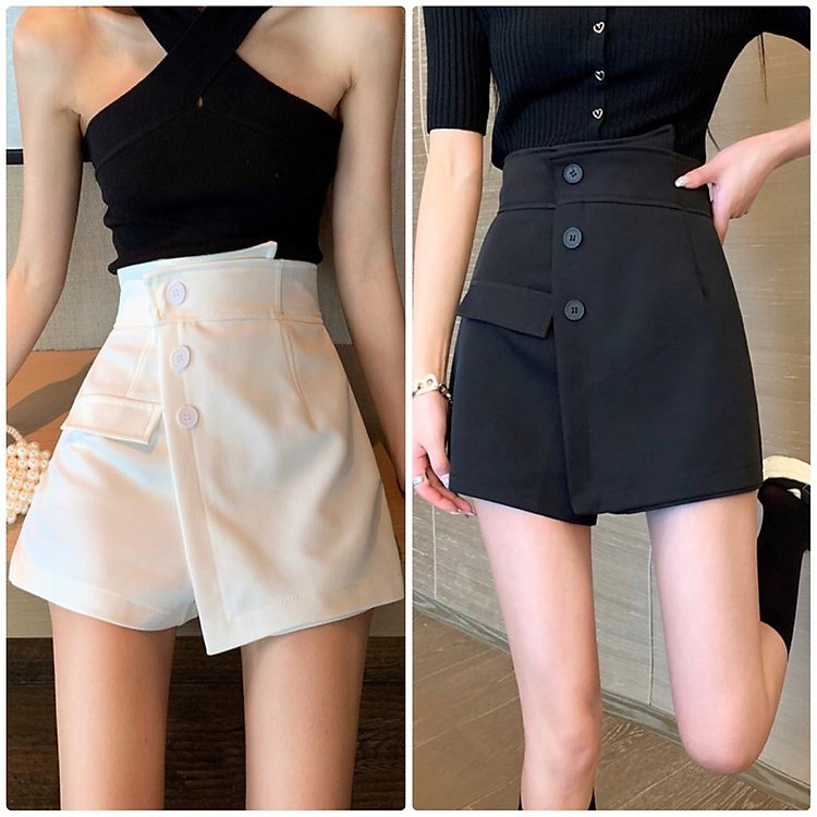 Quần short chữ a lưng cao lệch hông ống rộng hàng Quảng Châu