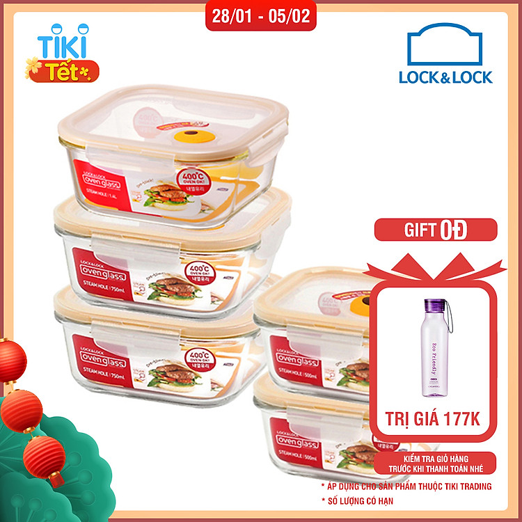 Bộ 5 Hộp Thủy Tinh Hình Vuông Lock&Lock Euro Steam Hole LLG224TS5