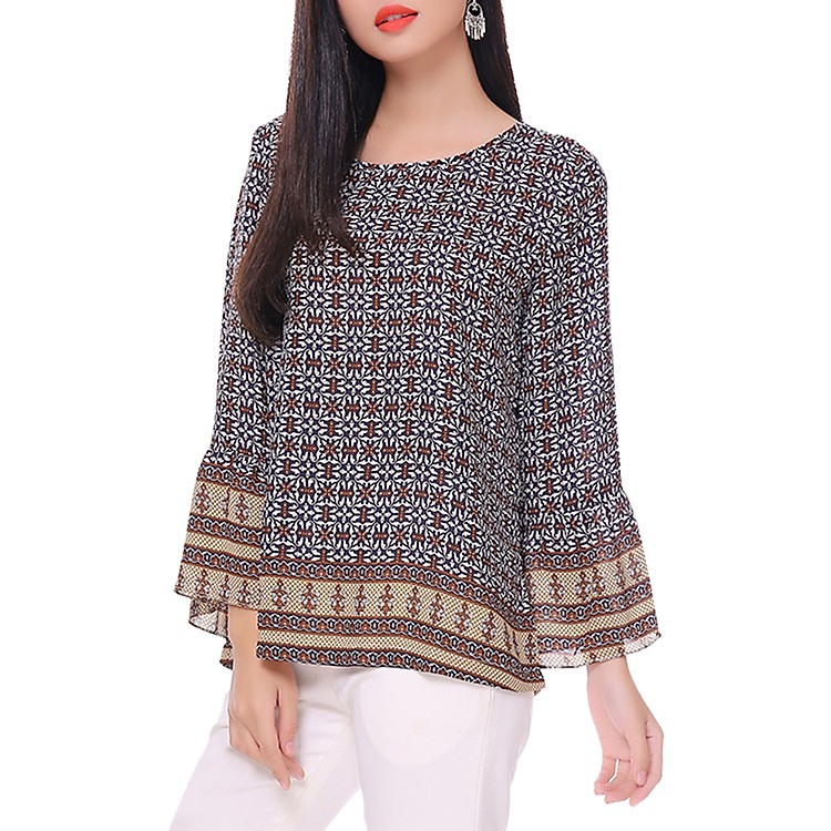 Áo Kiểu Họa Tiết Phối 744 An Thủy - Nâu Nhạt