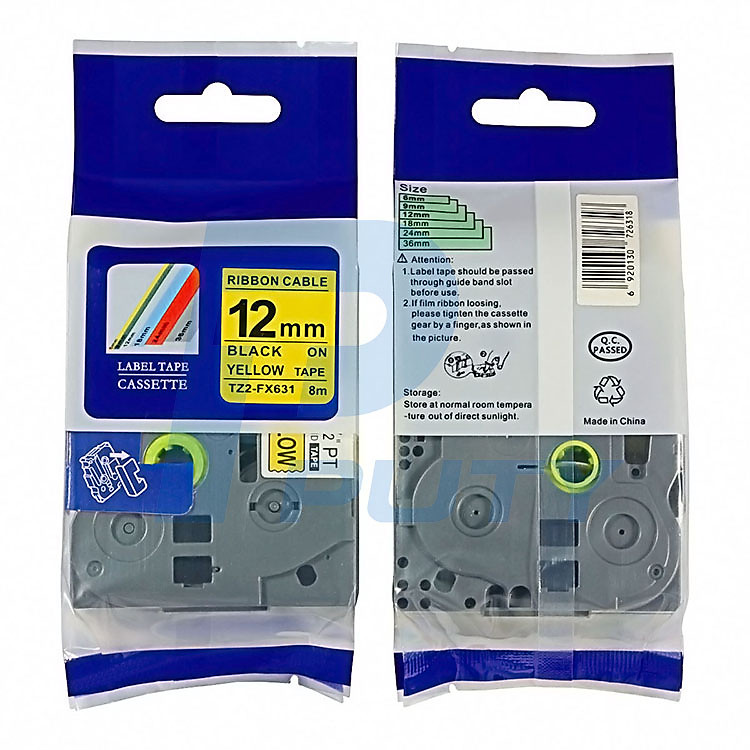 Nhãn in siêu dẻo TZ2-FX631, khổ 12mm x 8m, chữ đen nền vàng, dùng cho máy in nhãn Brother
