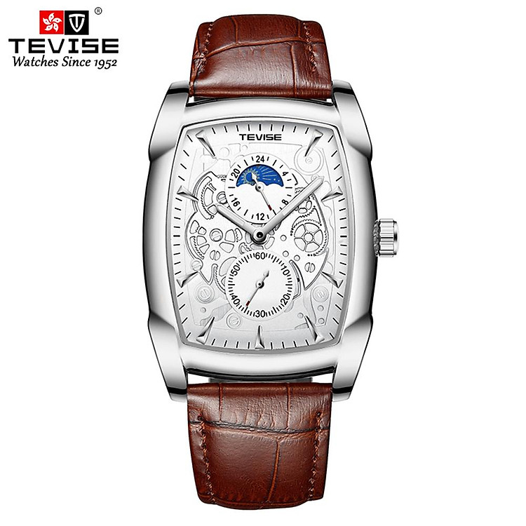 TEVISE Men Quartz Watch Analog Chronograph Wrist Watch 30M Waterproof Business Watch with Moon Phase Leather Strap