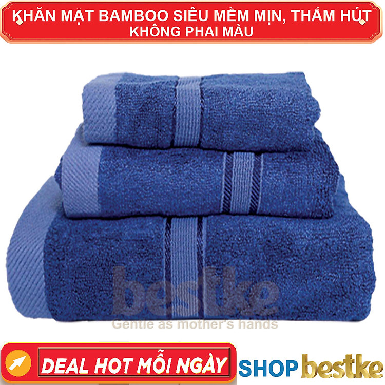 BỘ 3 Khăn Tắm, Khăn Gội, Khăn Mặt sợi tre Bestke Cao cấp Xuất khẩu Hàn Quốc màu Xanh, Bamboo Towel