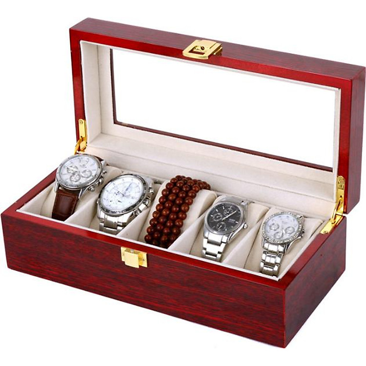 Hộp Đựng Đồng Hồ 5 Ngăn Vỏ Gỗ Đỏ Đô - Mã 527